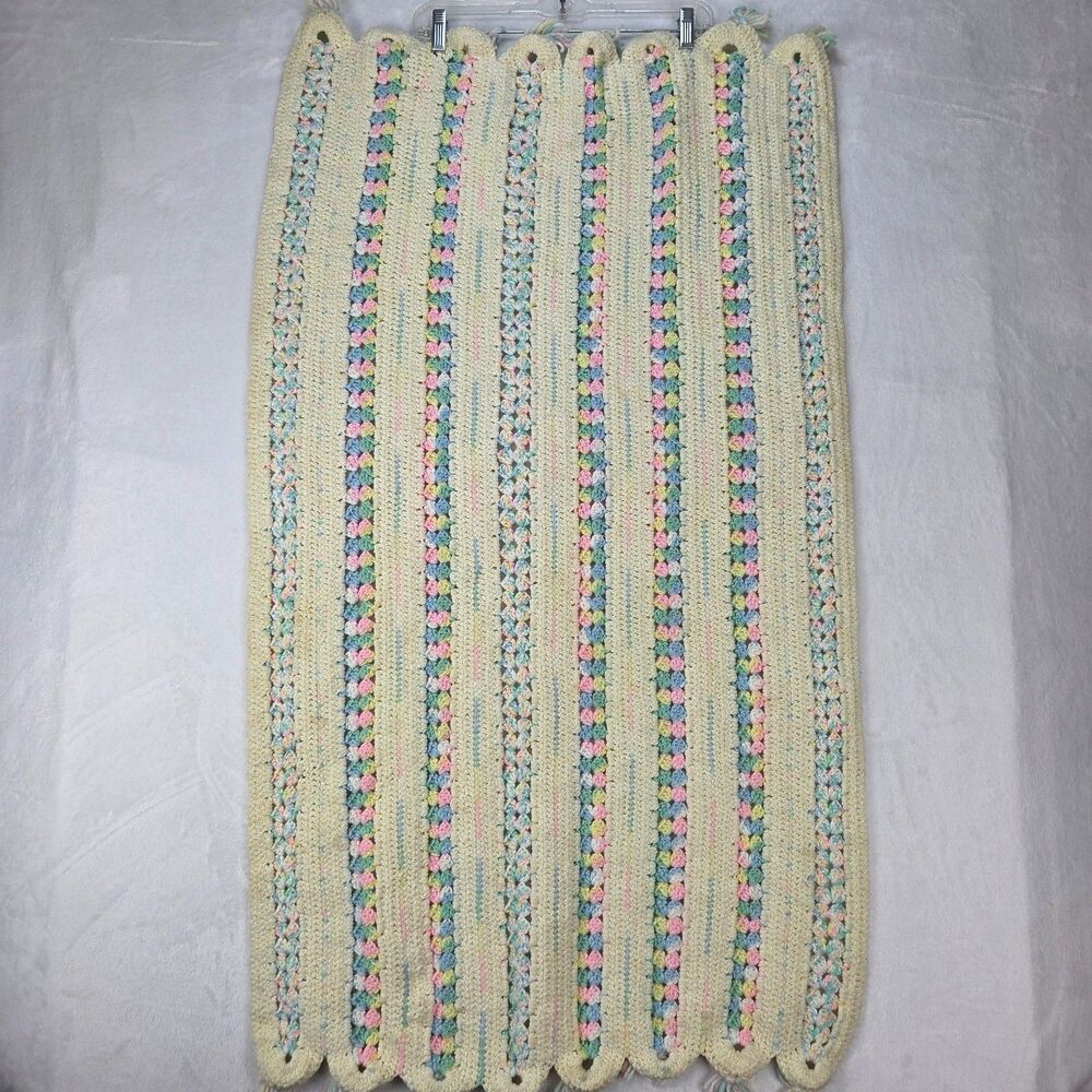 Vintage Handmade Crochet Afghan Blanket 45x25 Pastel Striped Granny Pattern - Picture 8 of 12